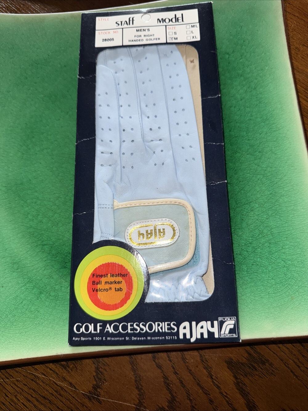 Vintage Leather Palm Hook & Loop Close Blue Mens Golf Glove Right Med Ajay NEW